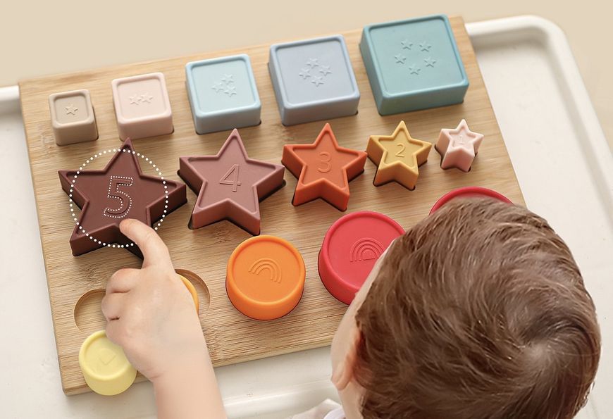 Дерев'яно-силіконовий сортер-набір Montessori: Числа, Форми та Розміри 65 фото
