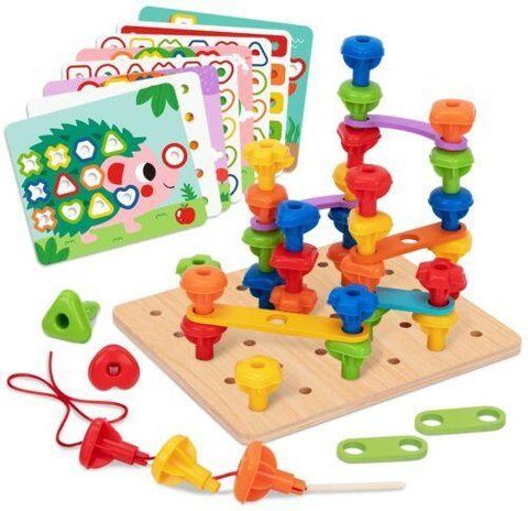Дерев'яна мозаїка-сортер Tooky Toy &laquo;Веселкова вежа&raquo; / Rainbow Stacking Peg (53 детал.) 167 фото