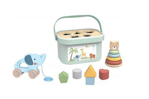 Дерев'яний ігровий набір 3-в-1 Tooky Toy "3 in 1 Box": сортер-контейнер, каталка Слоник та пірамідка Ведмедик (14 елементів) 12 фото