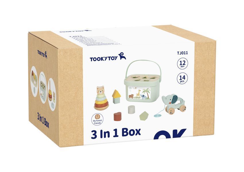 Дерев'яний ігровий набір 3-в-1 Tooky Toy "3 in 1 Box": сортер-контейнер, каталка Слоник та пірамідка Ведмедик (14 елементів) 12 фото