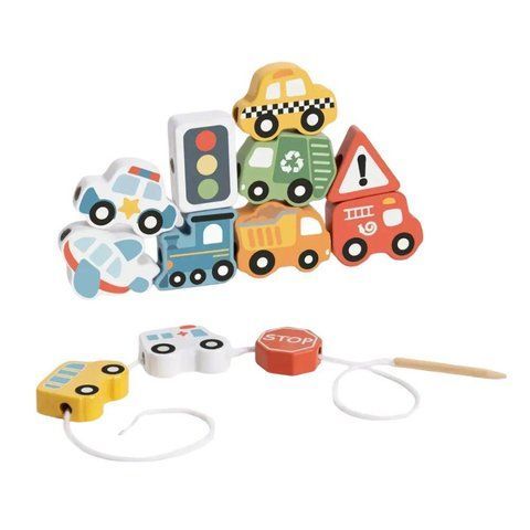 Дерев'яна іграшка-шнуровка Tooky Toy &laquo;Транспорт та дорожні знаки&raquo; &mdash; розвиваючі дерев'яні намистини-машинки (TH472) 180 фото