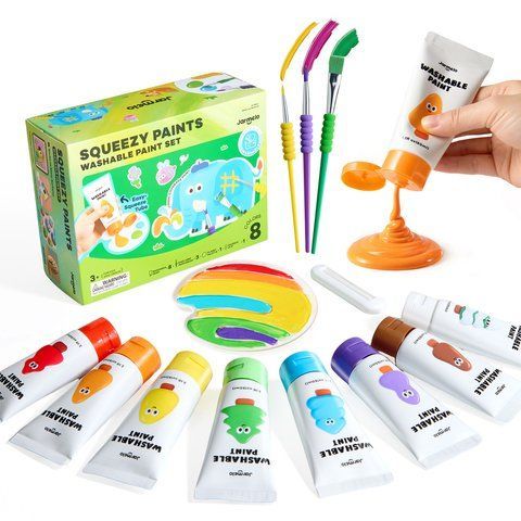Великий творчий набір фарб для дітей Jarmelo "Squeezy Paints Washable Paint Set" 8 кольорів по 60 мл + пензлики та палітра 184 фото