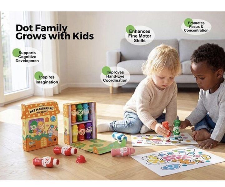 Дитячі точкові маркери-штампи Jarmelo Dot Markers Kit "Dot Family" 6 кольорів + картки для розфарбовування 189 фото