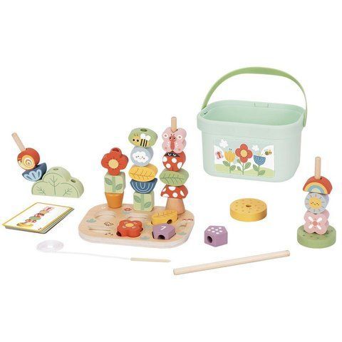 Дерев'яна розвиваюча іграшка 4-в-1 Tooky Toy "Квітковий сад" з шнурівкою, пірамідками, сортером та картками-завданнями в кошику 112 фото